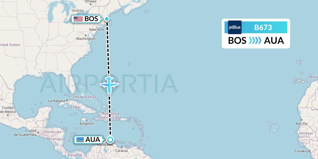 B673 JetBlue Airways Flight Map: Boston to Oranjestad