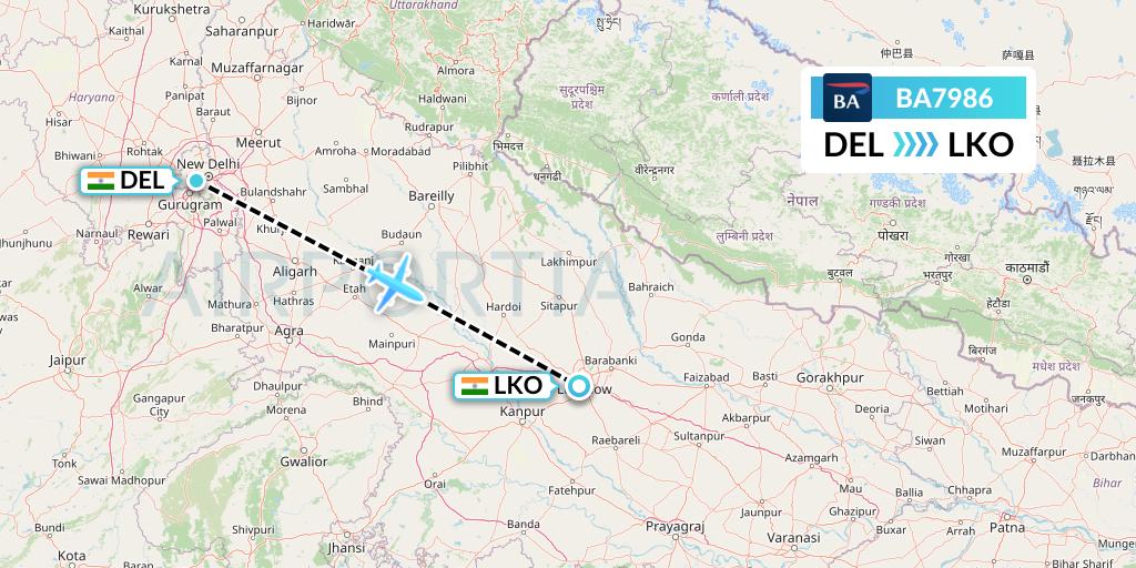 BA7986 British Airways Flight Map: Delhi to Lucknow