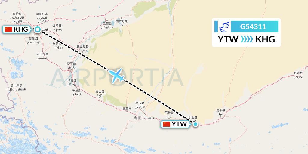 G54311 China Express Airlines Flight Map: Xichang to Kashgar