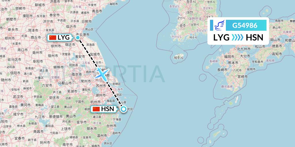 G54986 China Express Airlines Flight Map: Lianyungang to Zhoushan
