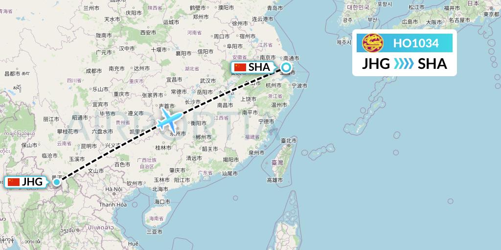 HO1034 Juneyao Airlines Flight Map: Jinghong to Shanghai