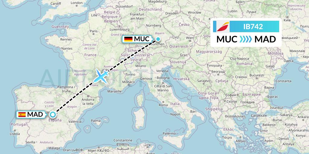 IB742 Iberia Flight Map: Munich to Madrid