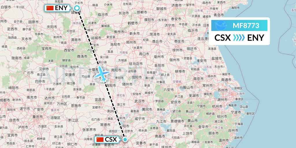 MF8773 Xiamen Airlines Flight Map: Changsha to Yan'an