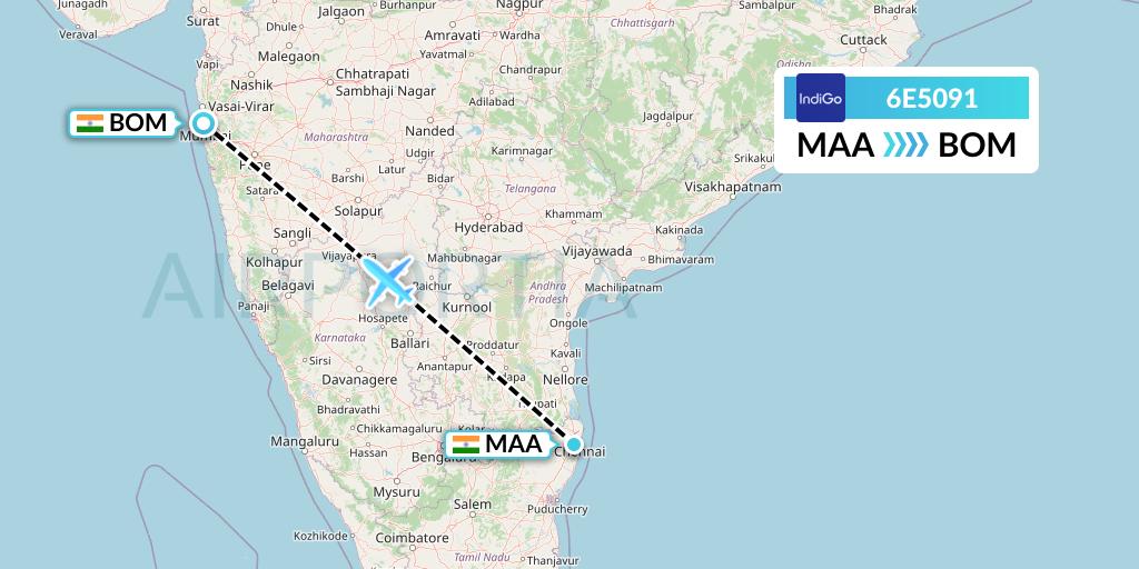 6E5091 IndiGo Airlines Flight Map: Chennai to Mumbai
