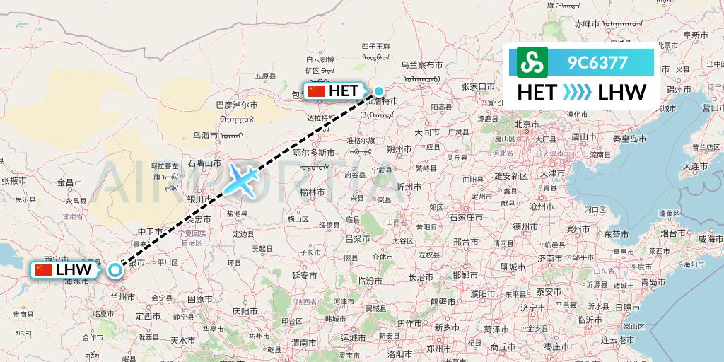 9C6377 Spring Airlines Flight Map: Hohhot to Lanzhou