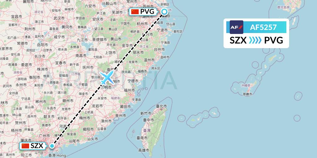AF5257 Air France Flight Map: Shenzhen to Shanghai