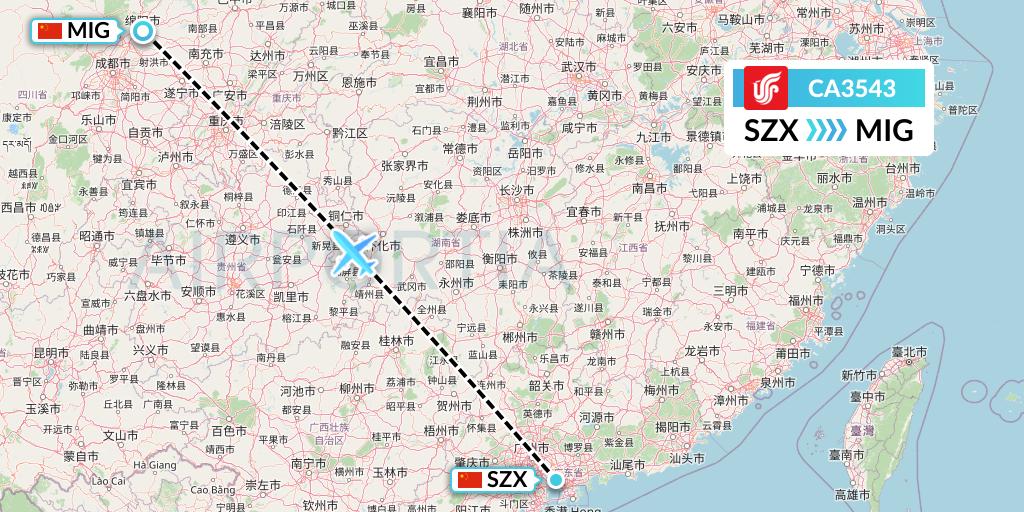 CA3543 Air China Flight Map: Shenzhen to Mianyang