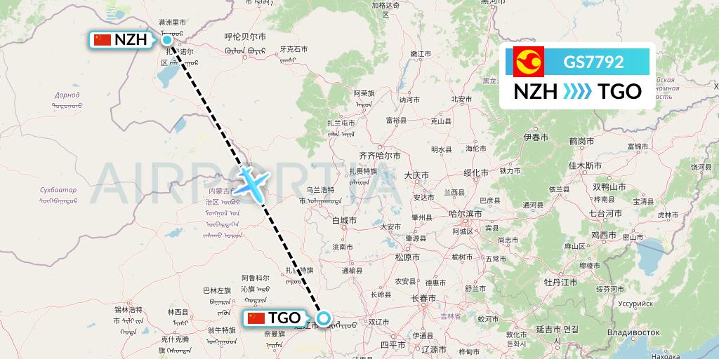GS7792 Tianjin Airlines Flight Map: Manzhouli to Tongliao