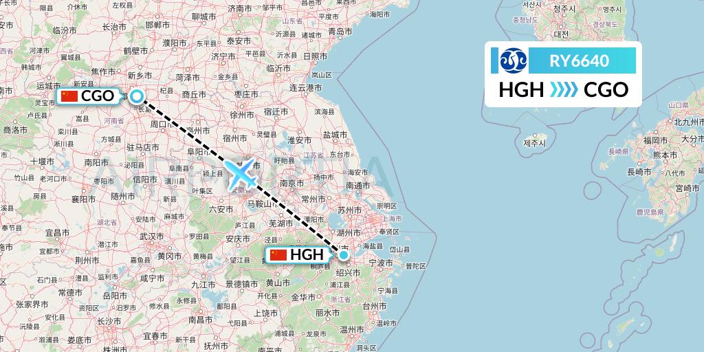 RY6640 Jiangxi Air Flight Map: Hangzhou to Zhengzhou