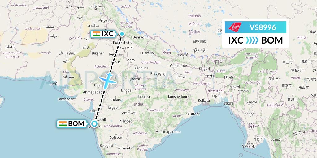 VS8996 Virgin Atlantic Airways Flight Map: Chandigarh to Mumbai