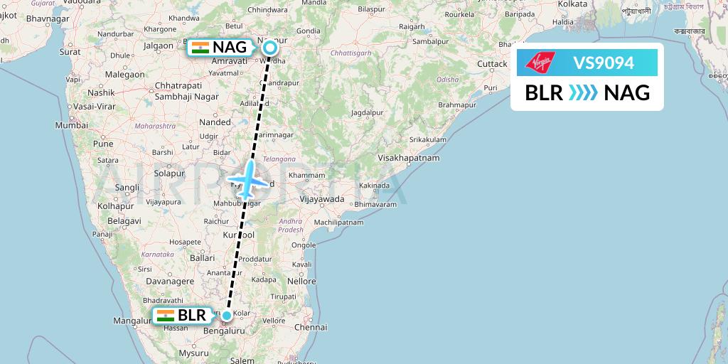 VS9094 Virgin Atlantic Airways Flight Map: Bangalore to Nagpur