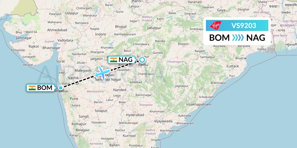 VS9203 Virgin Atlantic Airways Flight Map: Mumbai to Nagpur
