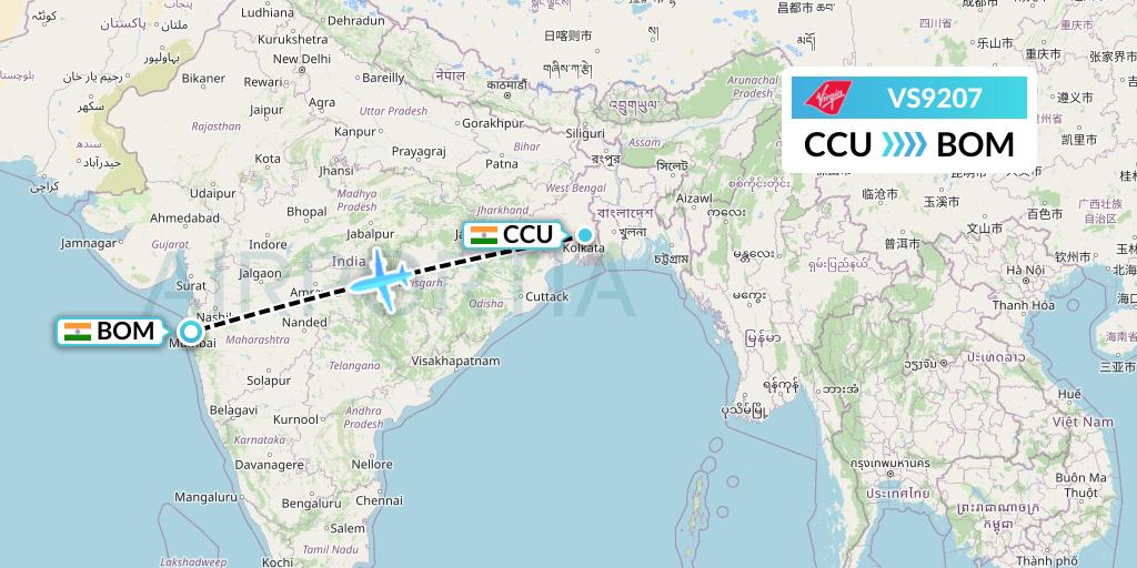 VS9207 Virgin Atlantic Airways Flight Map: Kolkata to Mumbai
