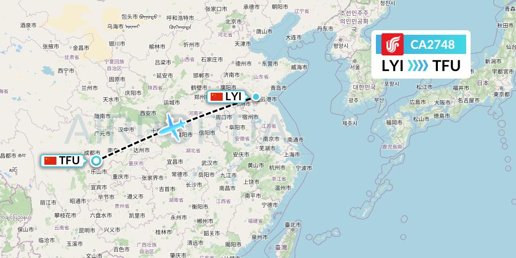 CA2748 Air China Flight Map: Linyi to Chengdu