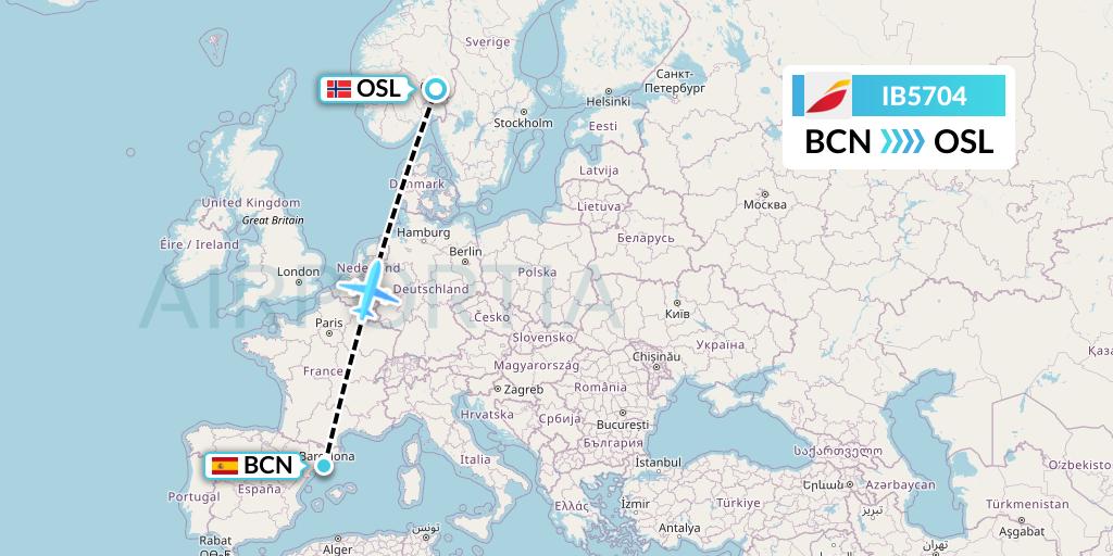 IB5704 Iberia Flight Map: Barcelona to Oslo