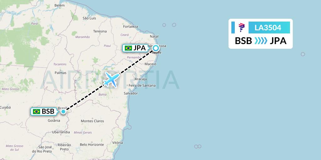 LA3504 LAN Airlines Flight Map: Brasilia to Joao Pessoa