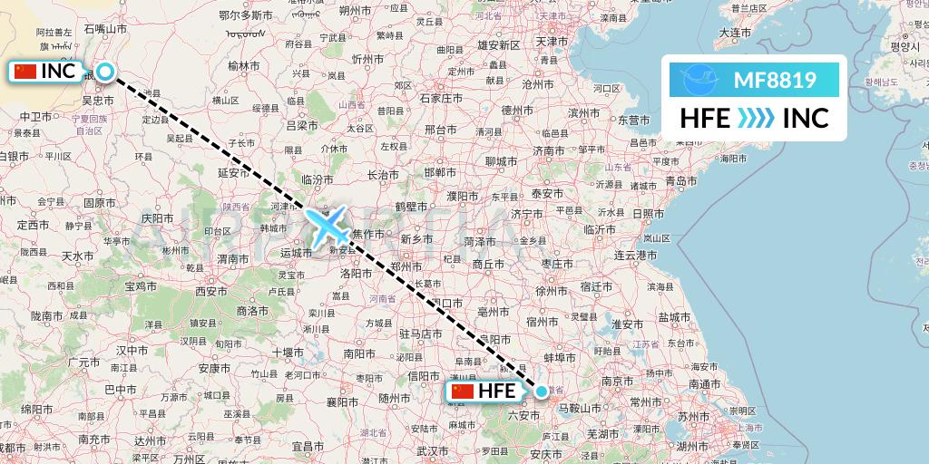 MF8819 Xiamen Airlines Flight Map: Hefei to Yinchuan