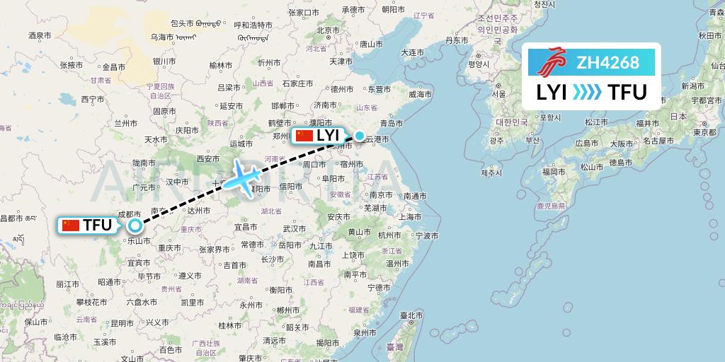 ZH4268 Shenzhen Airlines Flight Map: Linyi to Chengdu