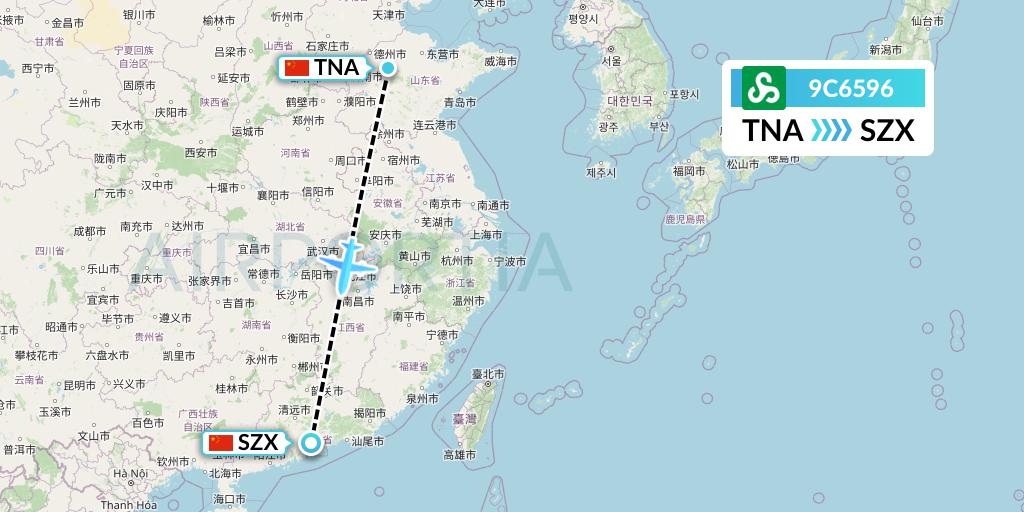 9C6596 Spring Airlines Flight Map: Jinan to Shenzhen