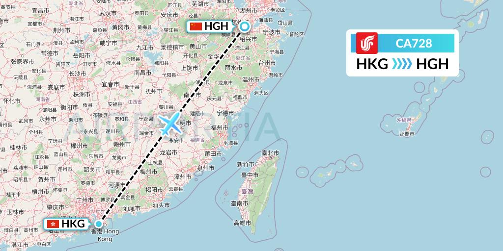 CA728 Air China Flight Map: Hong Kong to Hangzhou