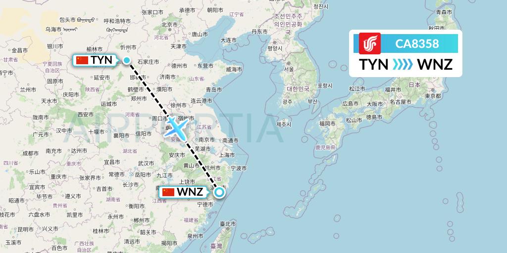 CA8358 Air China Flight Map: Taiyuan to Wenzhou
