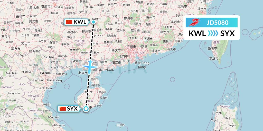 JD5080 Capital Airlines Flight Map: Guilin to Sanya
