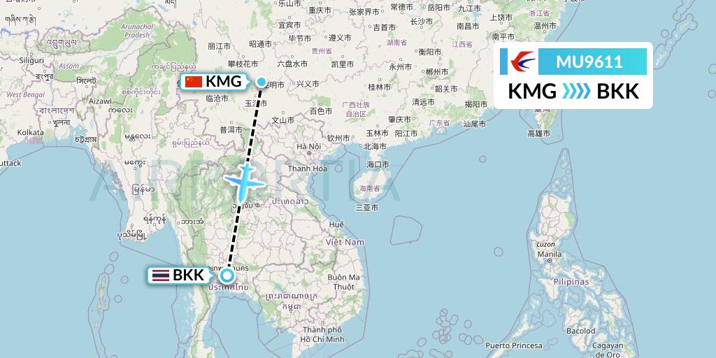 MU9611 China Eastern Airlines Flight Map: Kunming to Bangkok