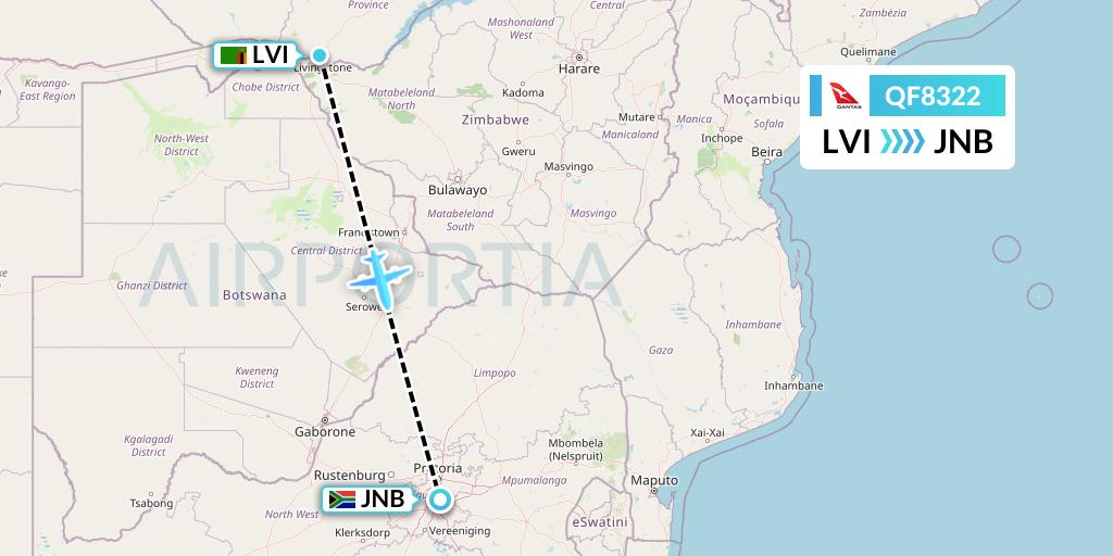 QF8322 Qantas Flight Map: Livingstone to Johannesburg