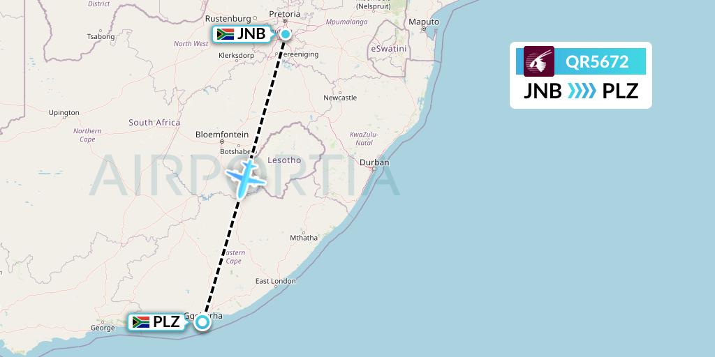 QR5672 Qatar Airways Flight Map: Johannesburg to Port Elizabeth