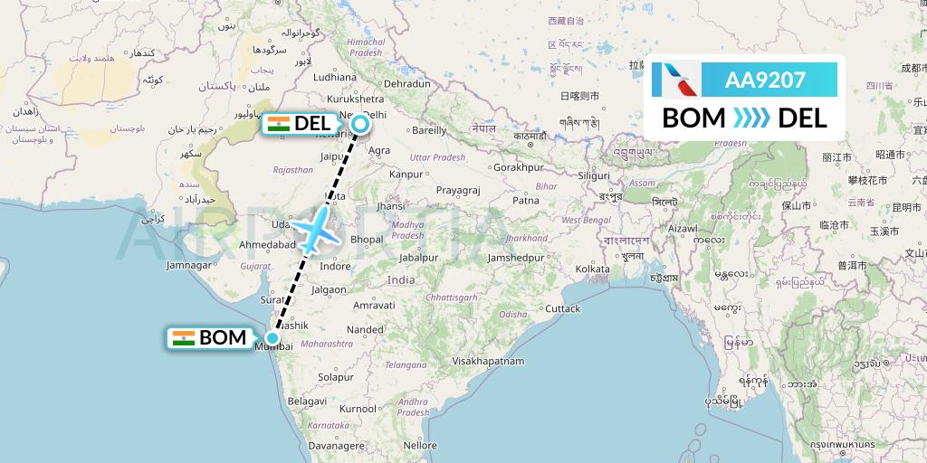 AA9207 American Airlines Flight Map: Mumbai to Delhi