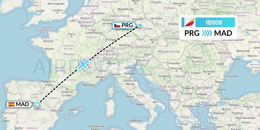 IB808 Iberia Flight Map: Prague to Madrid