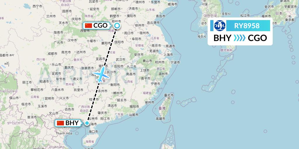 RY8958 Jiangxi Air Flight Map: Beihai to Zhengzhou