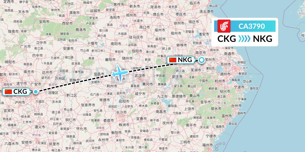 CA3790 Air China Flight Map: Chongqing to Nanjing