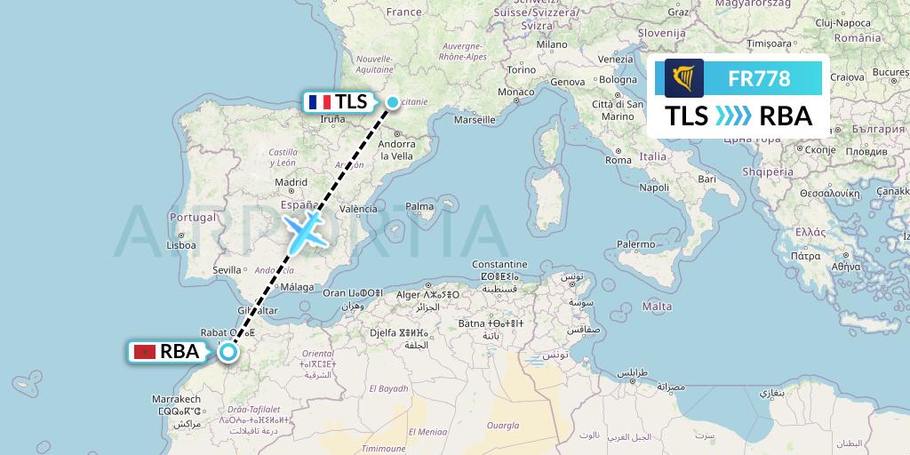 FR778 Ryanair Flight Map: Toulouse to Rabat