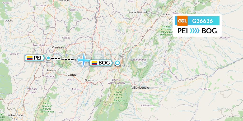 G36636 GOL Transportes Aeros Flight Map: Pereira to Bogota