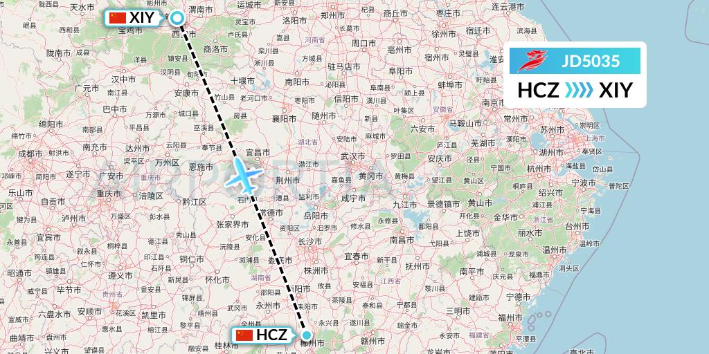 JD5035 Capital Airlines Flight Map: Shaoguan to Xi'an