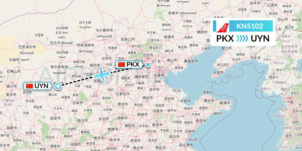 KN5102 China United Airlines Flight Map: Beijing to Yulin