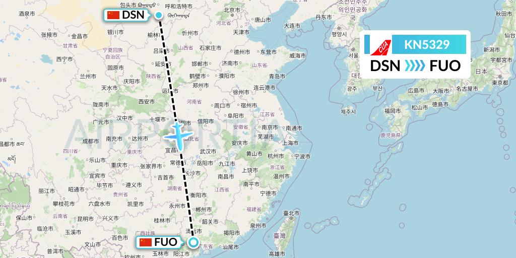 KN5329 China United Airlines Flight Map: Dongsheng to Foshan