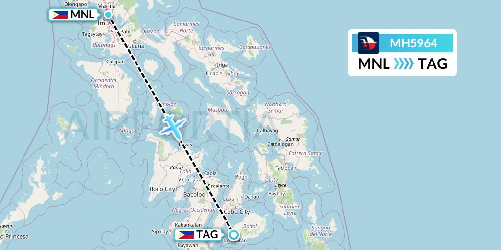 MH5964 Malaysia Airlines Flight Map: Manila to Tagbilaran City