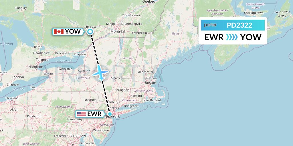 PD2322 Porter Airlines Flight Map: New York to Ottawa
