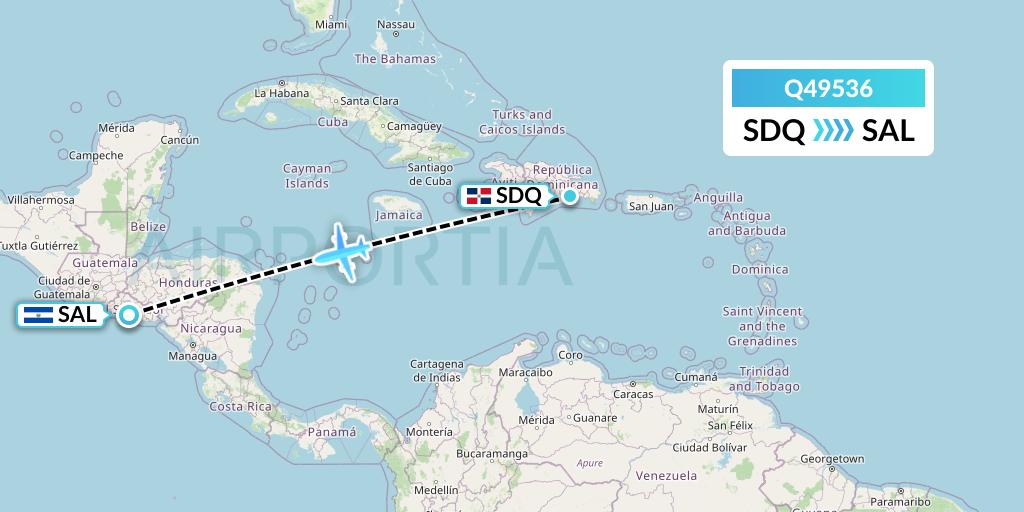 Q49536 Euroairlines Flight Map: Santo Domingo to San Salvador