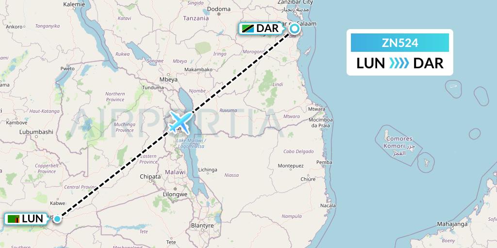 ZN524 Zambia Airways Flight Map: Lusaka to Dar-es-Salaam