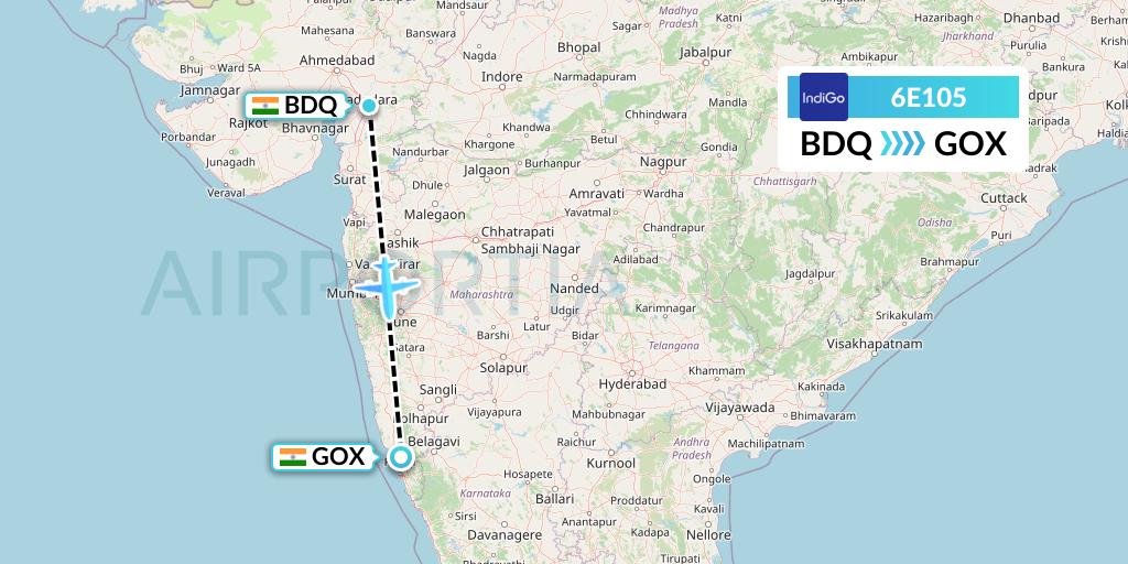 6E105 IndiGo Airlines Flight Map: Vadodara to Goa