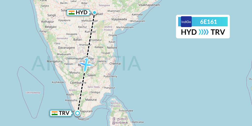 6E161 IndiGo Airlines Flight Map: Hyderabad to Thiruvananthapuram