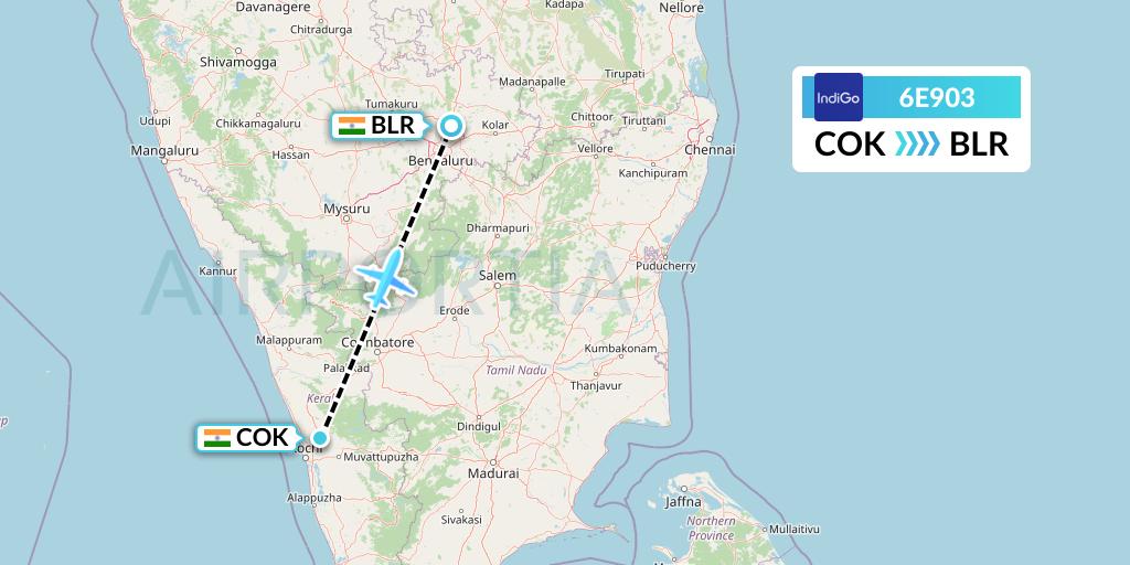 6E903 IndiGo Airlines Flight Map: Cochin to Bangalore