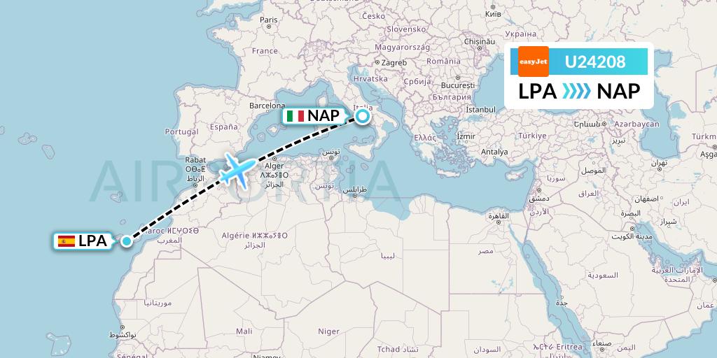 U24208 EasyJet Flight Map: Las Palmas to Naples