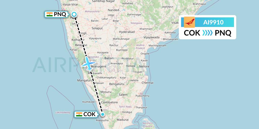 AI9910 Air India Flight Map: Cochin to Pune