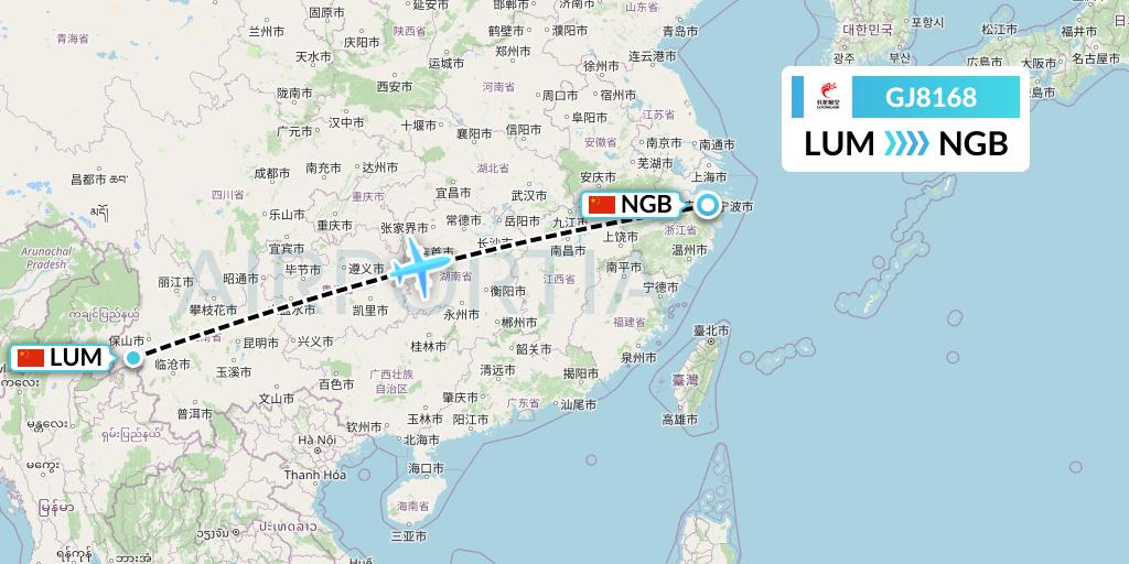 GJ8168 Loong Airlines Flight Map: Mangshi to Ningbo