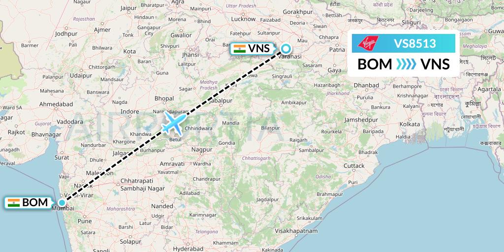 VS8513 Virgin Atlantic Airways Flight Map: Mumbai to Varanasi