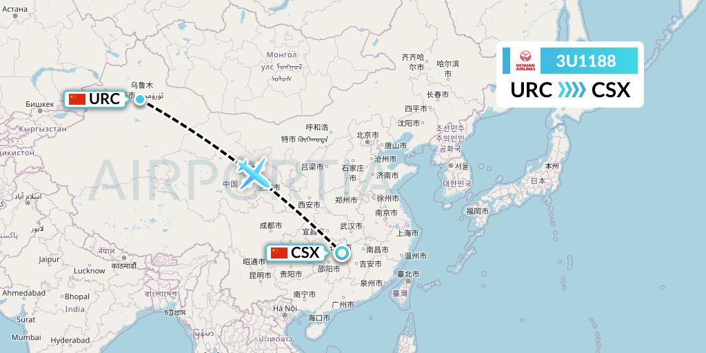 3U1188 Sichuan Airlines Flight Map: Urumqi to Changsha